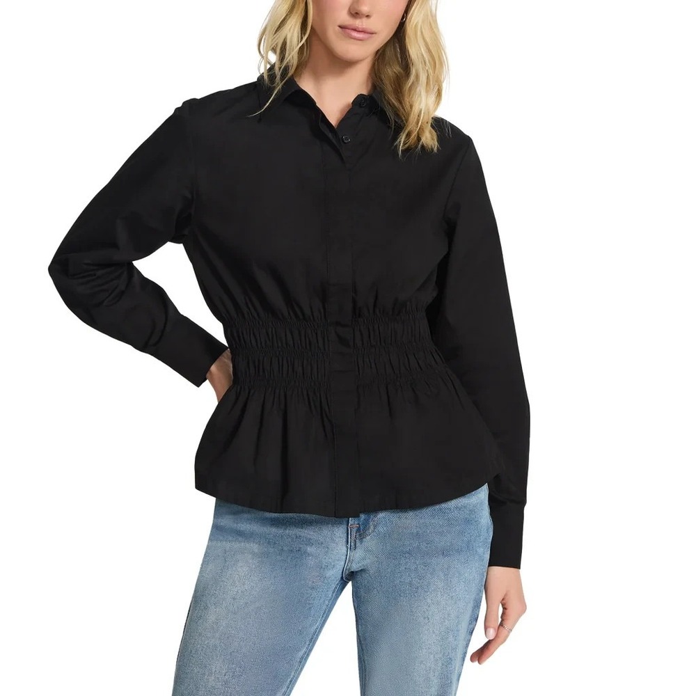 Steve Madden Womens Smock Waist Button Up Shirt Black XL Long Sleeve Peplum Top
